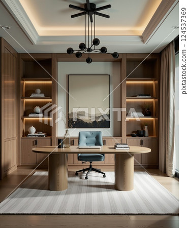 Elegant modern home office with wooden shelving and contemporary lighting 124537369