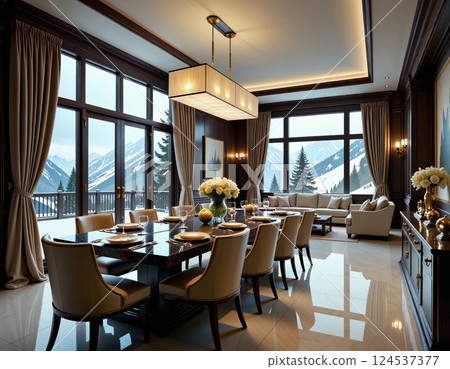Luxurious alpine dining room in a modern chalet with panoramic mountain views 124537377