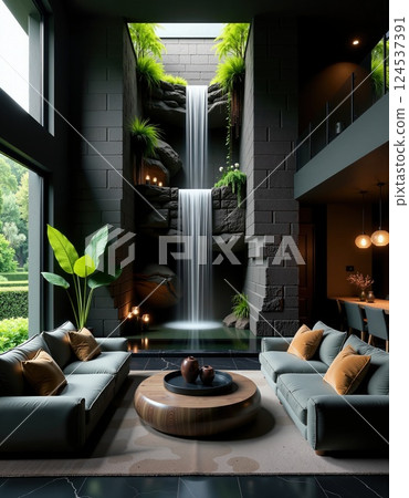 Luxurious modern living room with indoor waterfall and lush greenery 124537391