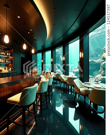 Luxurious underwater restaurant with ocean view for dining experience and interior design 124537397
