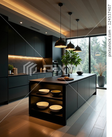 Modern dark kitchen interior with stylish minimalist design and large windows 124537407