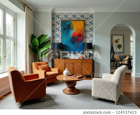 Modern living room with abstract art and mid-century furniture design Modern living room with abstract art and mid-century furniture design 124537423