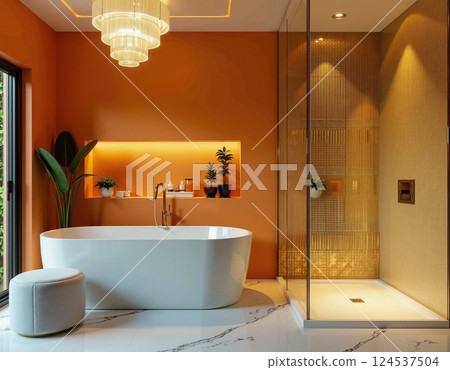 Modern luxurious bathroom design with minimalist decor and warm earthy tones 124537504