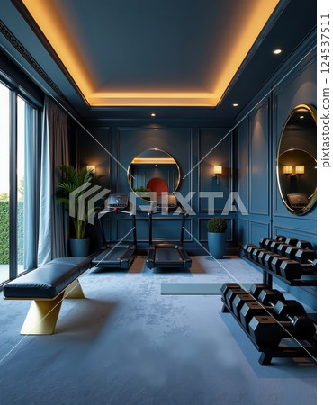 Modern luxury home gym interior with treadmills and free weights 124537511