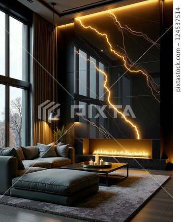 Modern luxury living room with elegant lighting and sleek design elements 124537514