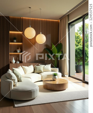 Modern minimalist living room with natural light and stylish decor 124537525