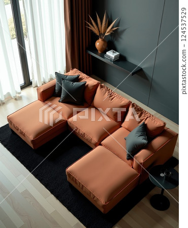 Modern minimalist living room with orange sofa and natural light 124537529