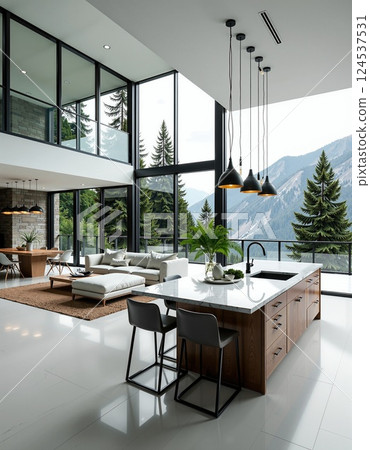 Modern mountain retreat living room with... - Stock Illustration ...