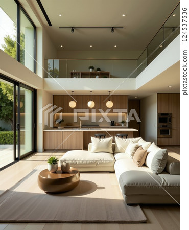 Modern open-concept living room with minimalist design and natural light 124537536