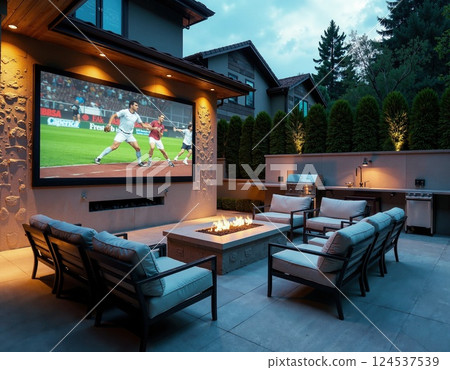Modern outdoor home theater with cozy seating around firepit for entertainment 124537539