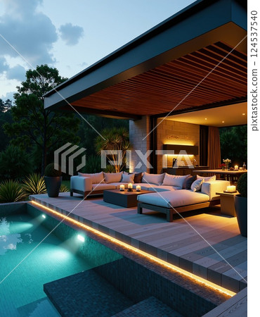 Modern outdoor lounge with poolside ambiance for luxurious evening relaxation 124537540