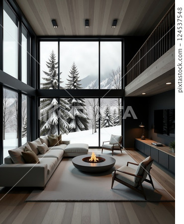 Modern winter retreat living room with cozy fireplace and snowy forest view 124537548