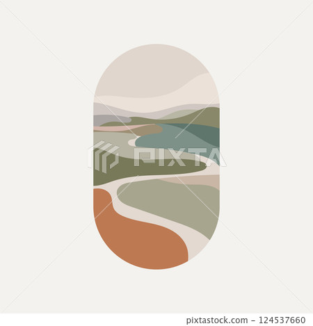 Flowing River Through Hills. A minimalistic landscape illustration featuring a winding river through rolling hills. Flowing River Through Hills. A minimalistic landscape illustration featuring a winding river through rolling hills. 124537660