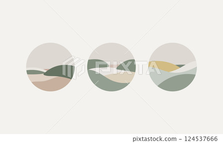 Earth-Toned Abstract Hills. A collection of minimal landscape illustrations with rolling hills and muted colors. Earth-Toned Abstract Hills. A collection of minimal landscape illustrations with rolling hills and muted colors. 124537666