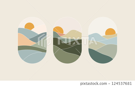 Sunset Over Layered Mountains. A harmonious landscape set featuring rolling hills and a glowing sun. Sunset Over Layered Mountains. A harmonious landscape set featuring rolling hills and a glowing sun. 124537681