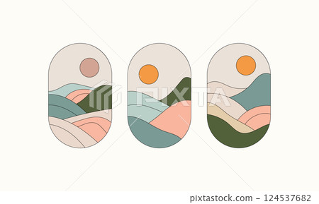 Scenic Horizon with Natural Curves. A gentle and elegant composition of hills, rivers, and sun in soft muted tones. Scenic Horizon with Natural Curves. A gentle and elegant composition of hills, rivers, and sun in soft muted tones. 124537682