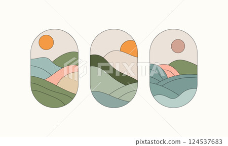 Scenic Horizon with Natural Curves. A gentle and elegant composition of hills, rivers, and sun in soft muted tones. 124537683
