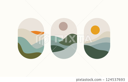 Minimal Mountain Silhouettes. A set of minimal mountain silhouettes with a soft sun glow, perfect for natural-themed branding, home decor, and digital art projects. 124537693