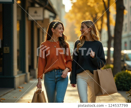 Autumn shopping spree: two friends enjoying a fall day out 124537799
