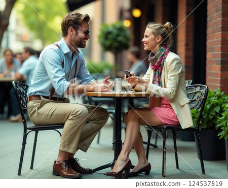 Chic urban meeting: professional conversation at outdoor cafe 124537819