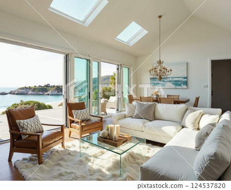 Coastal luxury living room overlooking ocean with open terrace access 124537820