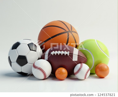 Collection of sports balls: soccer, basketball, rugby, tennis, baseballs for sports enthusiasts 124537821