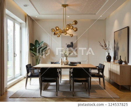 Contemporary dining room with modern chandelier and artistic decor 124537825