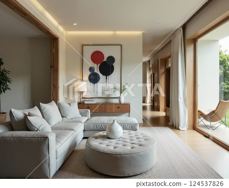 Contemporary living room with minimalist decor and abstract art 124537826