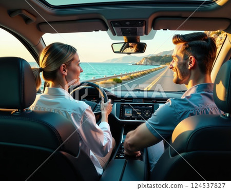 Couple enjoying scenic coastal drive at sunset perfect for travel and adventure themes Couple enjoying scenic coastal drive at sunset perfect for travel and adventure themes 124537827