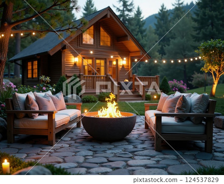 Cozy cabin retreat with fire pit in tranquil forest setting for relaxation and outdoor enjoyment 124537829