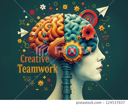 Creative teamwork concept with vibrant brain and geometric elements for design and innovation 124537837