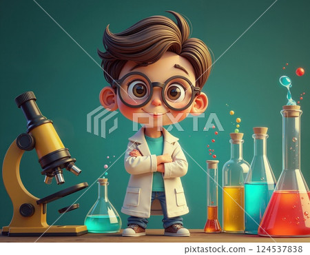 Curious young scientist with microscope and colorful beakers in lab 124537838