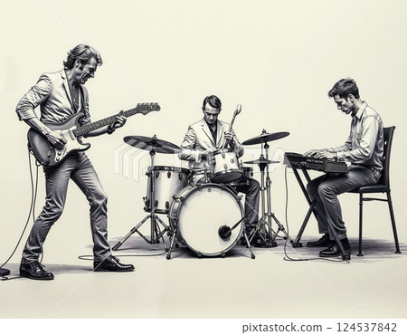 Dynamic band performance: guitar, drums, and keyboard trio for music posters 124537842