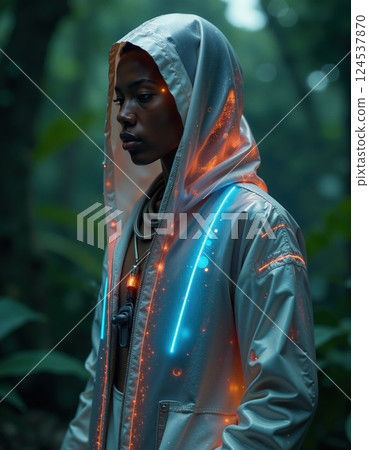 Futuristic neon fashion in forest setting 124537870