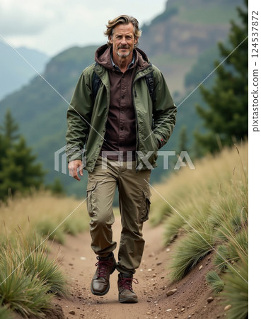 Hiker exploring mountain trail in early autumn adventure 124537872