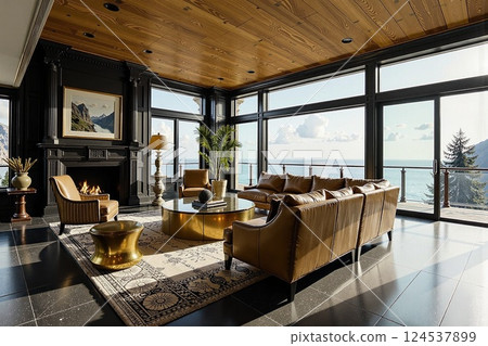 Luxurious oceanview living room with modern chic design elements 124537899