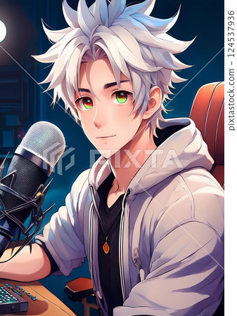 Illustration of a man speaking into a microphone AI image distribution 124537936