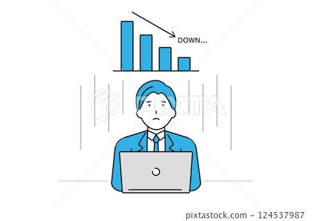 Illustration of a businessman with a troubled expression and a downward trending bar graph 124537987