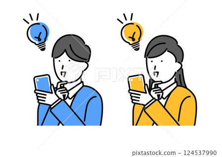 一名男子和一名女子正在看智慧型手機並想出一個主意 124537990
