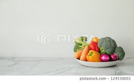 Fresh vegetables including broccoli, carrots, and bell peppers in a bowl on marble table. concept of healthy eating, vegetarian diet, nutrition, Copy space 124538001