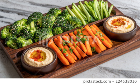 Healthy vegetarian platter with carrots, broccoli, celery sticks, and hummus. concept of nutritious eating, delicious snacks, fresh ingredients 124538010