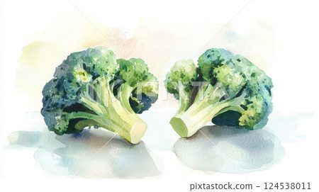 Watercolor illustration of fresh broccoli on kitchen table. concept of healthy eating, organic vegetables, artistic food art, White background 124538011