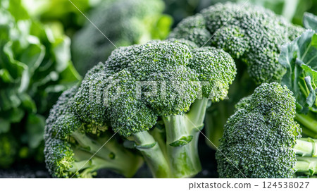 Fresh broccoli on kitchen counter with green leafy vegetables. concept of healthy eating, vegetarian lifestyle, organic produce. 124538027