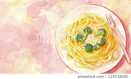 Watercolor illustration of italian pasta with broccoli and cheese. concept of gourmet cuisine, italian dining, artistic food presentation, Copy space 124538040