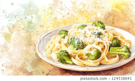 Colorful watercolor illustration of vegetable pasta dish with broccoli and cheese. concepts of healthy eating, italian cuisine, artful dining, Copy space 124538041