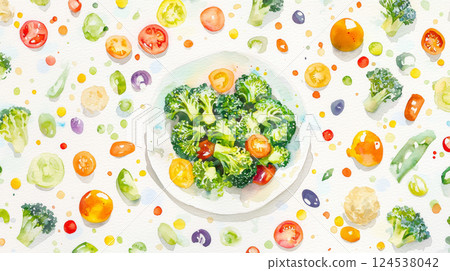 Fresh vegetable salad with broccoli and tomatoes in watercolor style. concept of healthy eating, artistic food design, vibrant vegetables Fresh vegetable salad with broccoli and tomatoes in watercolor style. concept of healthy eating, artistic food design, vibrant vegetables 124538042