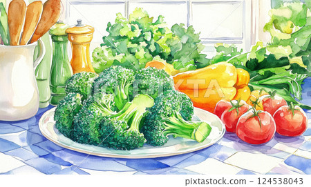 Watercolor illustration - A plate of vibrant broccoli surrounded by soft watercolor vegetables on a bright, airy kitchen counter. concept of healthy eating, organic cooking, gardening inspiration 124538043