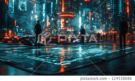 Futuristic cityscape with glass panel display and silhouetted figures in cyberpunk setting at night. Concept of sci-fi metropolis, high-tech urban environment, cyber dystopia, digital future neon noir 124538086