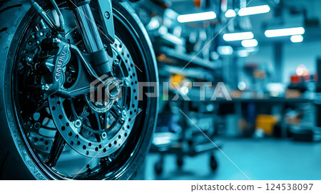 Close-up of motorcycle wheel in engineering workshop. mechanical design, motorcycle maintenance, engineering precision, automotive craftsmanship, repair shop, garage, service center, Copy space 124538097