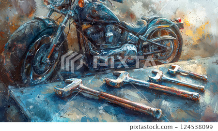 Watercolor illustration of wrenches and screwdrivers with motorcycle. concept of engineering tools, mechanical craftsmanship, engineering precision, repair shop, garage, Copy space 124538099